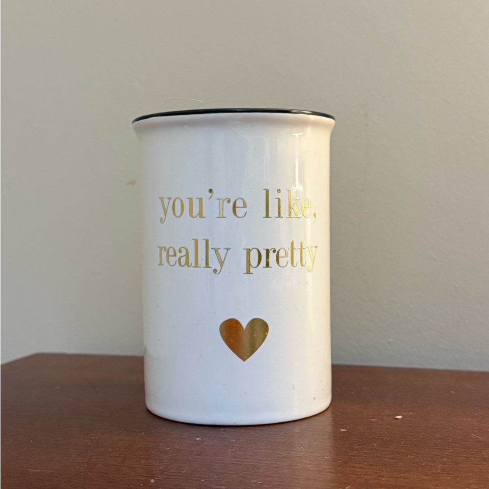 White Glass Makeup Brush Holder with Gold Text